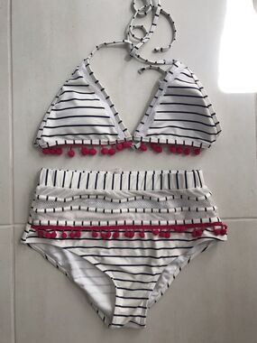 No Brand Striped Mesh Pom Pom Padded Bikini Swimwear